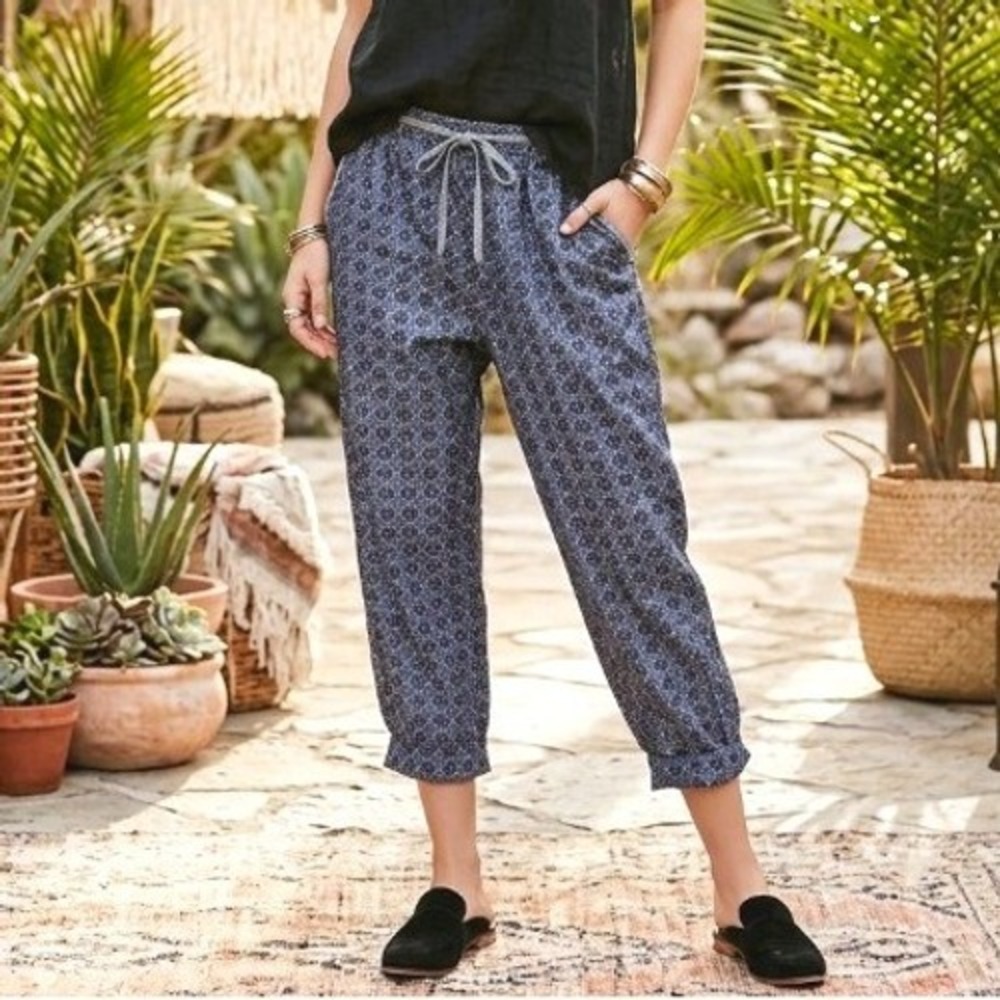 Free People Harley Navy Jacquard Metallic Cropped Slouched Boho Joggers S